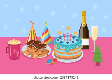 Festive table served with champagne, cake, gingerbread and fir tree. Flat vector illustration. Holiday, New Year, baking, treatment, celebration concept