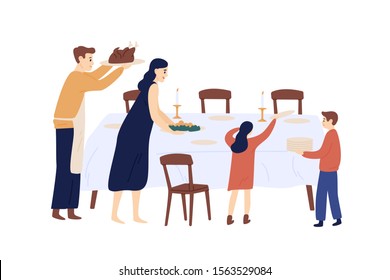 Festive table serving flat vector illustration. Parents and kids cartoon characters. Traditional holiday dinner. Christmas, New Year preparation. Family laying table isolated on white background.