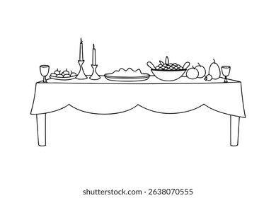 Festive table setting line drawing simple thanksgiving dinner illustration