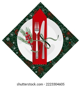 festive table setting. the plate and cutlery are decorated with Christmas symbols. flat pattern, red and green color. stock vector illustration. EPS 10.