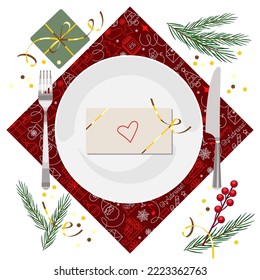 festive table setting. plate and cutlery for a festive table with Christmas decor isolated on a white background. flat pattern, red, green and gold color. stock vector illustration. EPS 10.