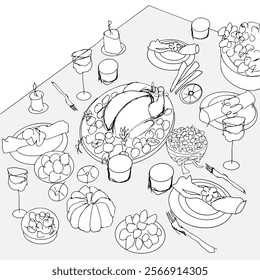 A festive table in the style of a quick sketch. Roast turkey, wine, snacks, candles, cutlery. Monochrome vector illustration for creating postcards, advertisements, posters