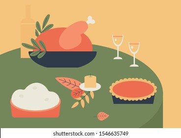 Festive table for Thanksgiving. Vector illustration of roast turkey, mashed potatoes, pumpkin pie, wine, candle and festive autumn decor.