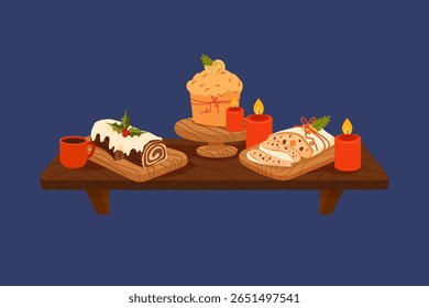 Feestelijke tafel met traditionele Italiaanse panettone, Duitse gestolen en Franse chocolade Yule log cake. Versierd met kaarsen, hulst, citrusschijfjes en een gezellig kopje