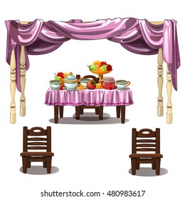 Festive table under a canopy of purple curtains. Vector illustration.