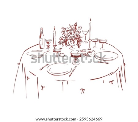 Festive table, whimsical line illustrations. Wedding invitation, menu.