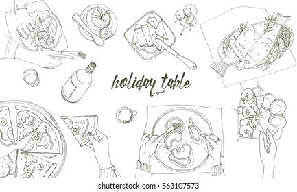 Festive tableful, laid table, holidays hand drawn contour illustration, top view. Background with place for text.