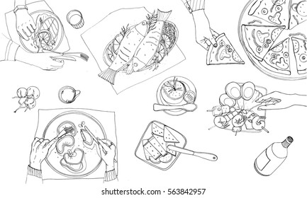 Festive tableful, laid table, holidays hand drawn contour illustration, top view