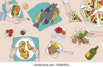 Festive tableful, laid table, holidays hand drawn colorful illustration, top view