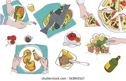 Festive tableful, laid table, holidays hand drawn colorful illustration, top view