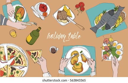 Festive tableful, laid table, holidays hand drawn colorful illustration, top view. Background with place for text.