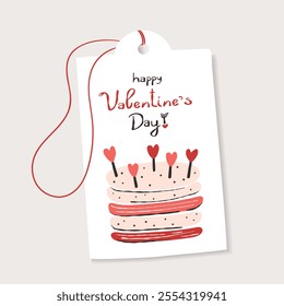 Festive tag with cake and heartfelt wish for Valentine's Day, vector flat style