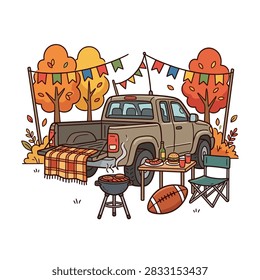 A festive tailgate party scene featuring a pickup truck, grill, food, and autumn foliage, perfect for outdoor gatherings.
