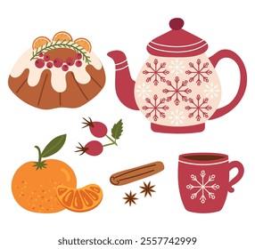 Festive tea party, set of elements with spices, pastries and a beautiful teapot with snowflakes. Vector illustration for scrapbooking, winter background.