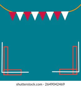 
A festive teal background with a string of red and white triangular flags at the top, and abstract red and white L-shaped frames at the bottom corners