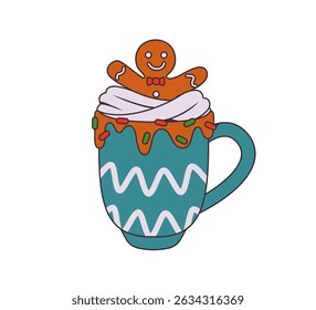 Festive teal holiday mug topped with whipped cream, sprinkles, and a smiling gingerbread man, perfect for Christmas designs.