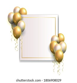 A festive template, background, or frame for the text of a promotion or greeting with airy gold and white balloons. Vector illustration on a white background. Use it as a banner or postcard