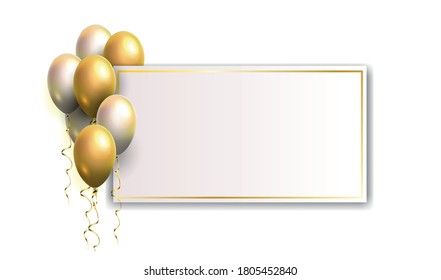 A festive template or background for promotion text or greeting with airy gold and white balloons. Vector illustration on a white background. Use it as a banner or postcard