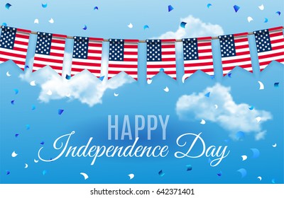 Festive template design for Happy Independence Day (July Fourth). 4 july USA Patriotic Bunting,Colorful flag garlands of USA with confetti on blue sky background.  Vector illustration. EPS 10