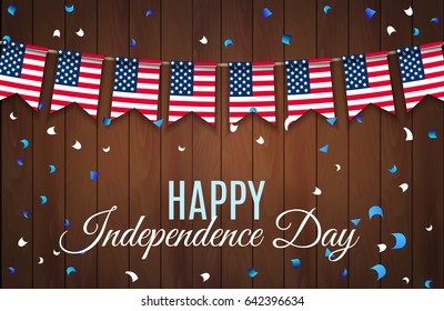 Festive template design for Happy Independence Day (July Fourth). 4 july USA Patriotic Bunting,Colorful flag garlands of USA with confetti on wooden background.  Vector illustration. EPS 10