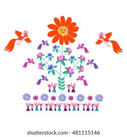 Festive template for embroidery. Flower - Sun, blooming tree, birds and cute cartoon people. Mexican motives. Beautiful vector background - 2.