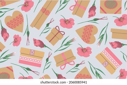 Festive template with flowers and different gift boxes. Multicolored image. Element for various designs. Vector illustration.