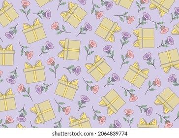 Festive template with flowers and gift boxes. Multi-colored image. Element for various designs. Vector illustration.
