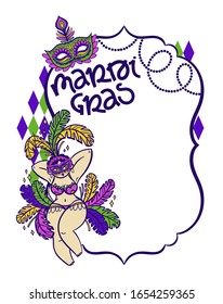 Festive template frame for the national American holiday Mardi Gras. Vector illustration isolated on white background with female in a bright mask for printing on invitation, card, poster, press wall.