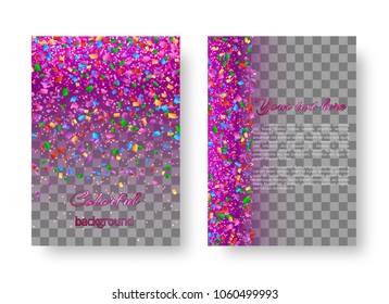 Festive template for greeting card with bright flying confetti on lilac backdrop