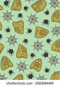 Festive template for halloween. A multi-colored image of funny monsters, cobwebs and spiders. Vertical orientation. Element for various designs. Vector illustration.