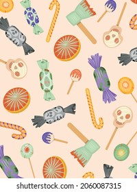 Festive template for halloween. Multicolored image of sweets and lollipops in themed style. Vertical orientation. Element for various designs. Vector illustration.