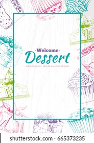 Festive template for postcards, menus and invitations. Background of various desserts, muffins, cakes, fruits. Happy Birthday.