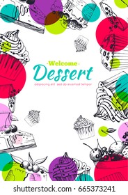 Festive template for postcards, menus and invitations. Background of various desserts, muffins, cakes, fruits. Happy Birthday.