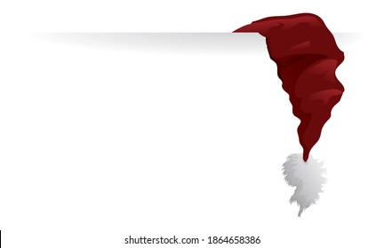 Festive template with red Santa's hat and fluffy pompom, hanged in a wall, isolated over white background.