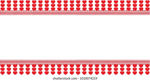 Festive template with space for text on white striped hearts background framed with lace. Abstract design element. Christmas, new year, valentines vector horizontal banner, border, frame, poster. 