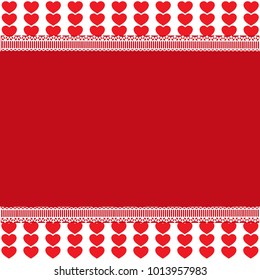Festive template with space for text  on red and white background with red heart stripes and lace. Vector design element, love border, valentines or wedding background, frame work, poster, banner. 