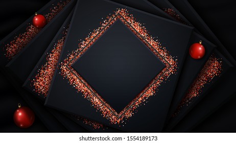 Festive template for your arts with copy space. Holiday decoration of red balls and shiny red tinsel on black layered background. Celebration card design. Vector illustration