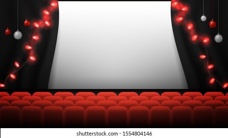 Festive template for your arts with copy space. Holiday card stylized as stage in a theater or cinema with satin stage curtain, red garland lights and balls. Vector illustration