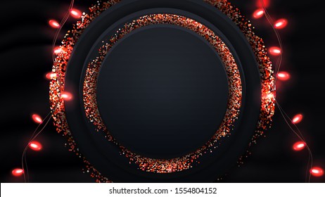 Festive template for your arts with copy space. Holiday decoration of red garland lights, balls and shiny red tinsel on black circular layered background. Celebration card design. Vector illustration