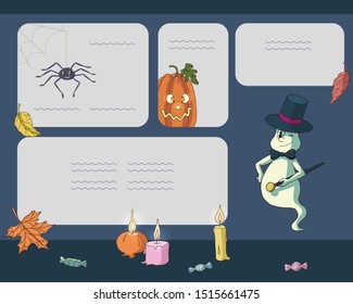 Festive templates with different Halloween symbols (ghost, pupmpkin, spider, candies). For design, announcements, greeting cards and templates, posters, advertisement.