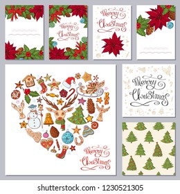 Festive templates with different traditional Christmas symbols and decoration. Vintage style. For your design, announcements, greeting cards, posters, advertisement. Vector color illustrations.