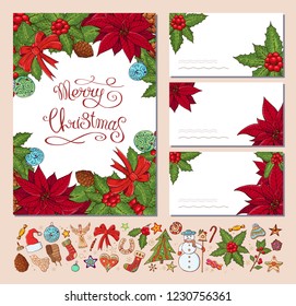 Festive templates with different traditional Christmas symbols and decoration. Vintage style. For your design, announcements, greeting cards, posters, advertisement. Vector color illustrations.
