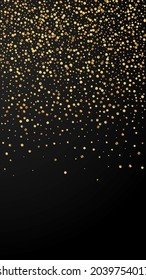 Festive terrific confetti. Celebration stars. Gold confetti on black background. Grand festive overlay template. Vertical vector background.