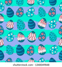 Festive textiles packaging. Seamless pattern, background. Easter illustration. Happy Easter. Blue palette