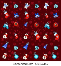 Festive texture with attributes of the New Year and Christmas. Sample of the poster, party invitation, gift wrapping paper and other cards. Vector illustration.