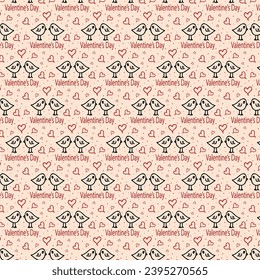 Festive texture with birds, hearts on a beige background for Valentine's Day.