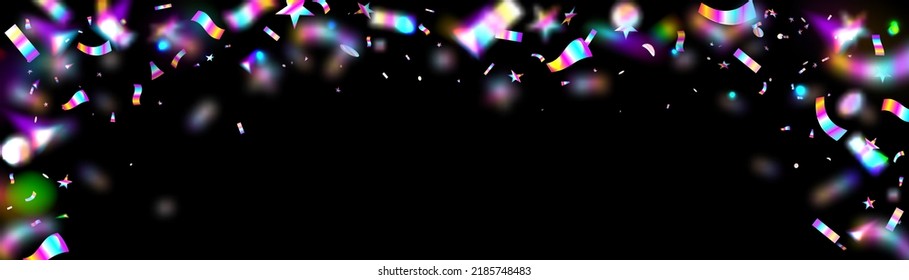 Festige Textur mit Neon Regenbogen Konfetti und Glitter auf schwarzem Hintergrund. Vektorkarnevaler Hintergrund mit Lichteffekten und fliegenden, hellen, strahlenden Brinklern, Sternen, Punkten und Bändern