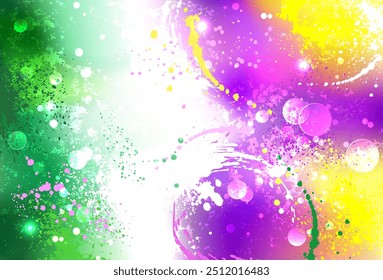 Festive, textured mardi gras background painted with spots and blotches of paint in white, purple, and green. Fat Tuesday Mardi Gras.