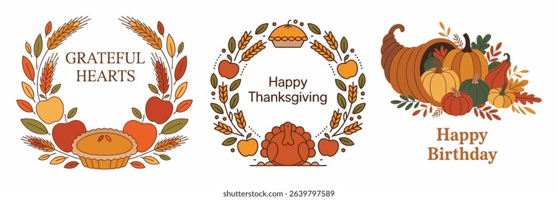 Festive thanksgiving and birthday vector illustrations with autumn harvest elements and greetings