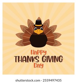 Festive Thanksgiving Day card with a turkey, wearing a hat, and greeting text. Flat vector modern illustration 